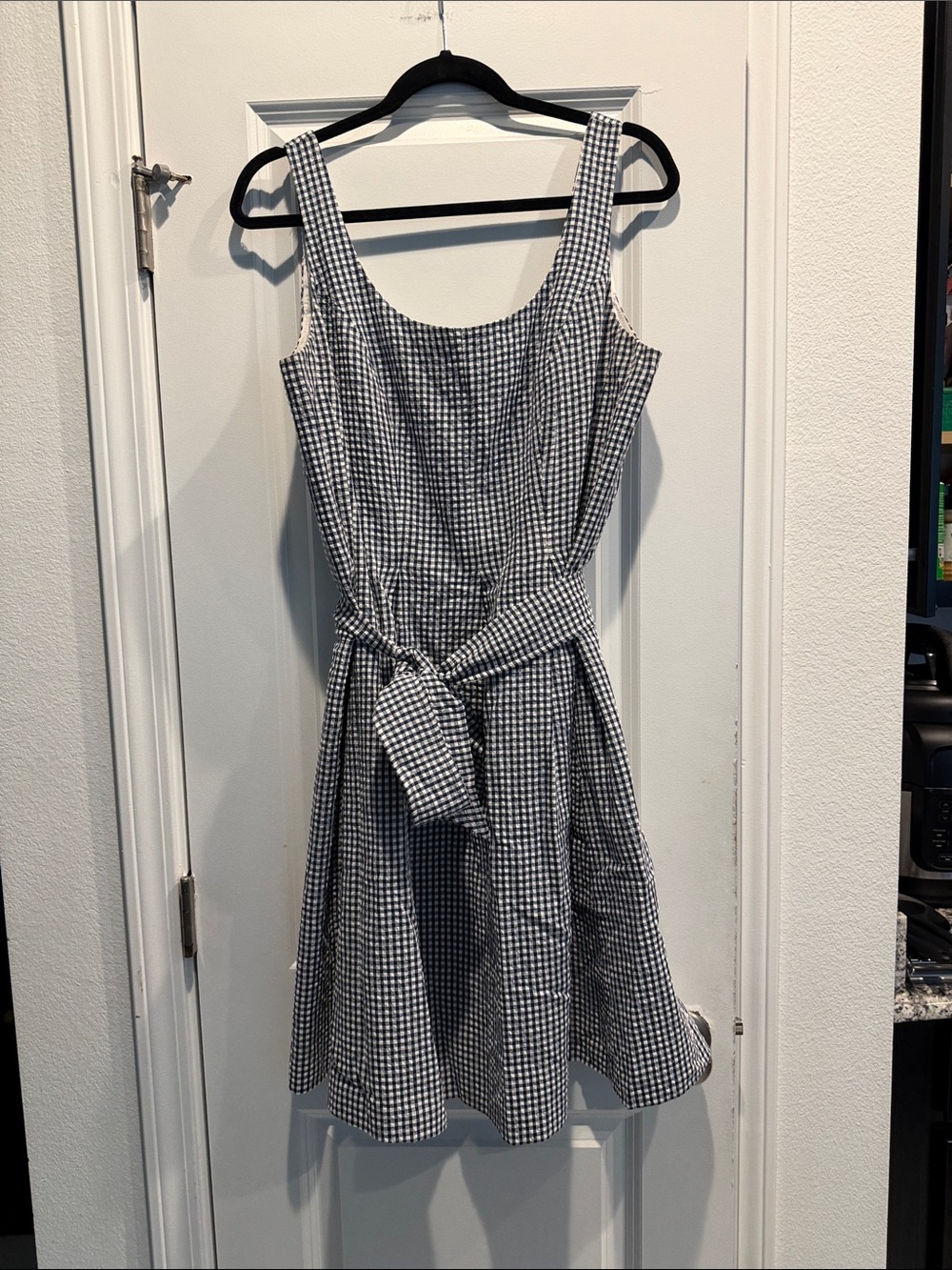 Nine West - Black & White Gingham Tie-Waist Midi Dress